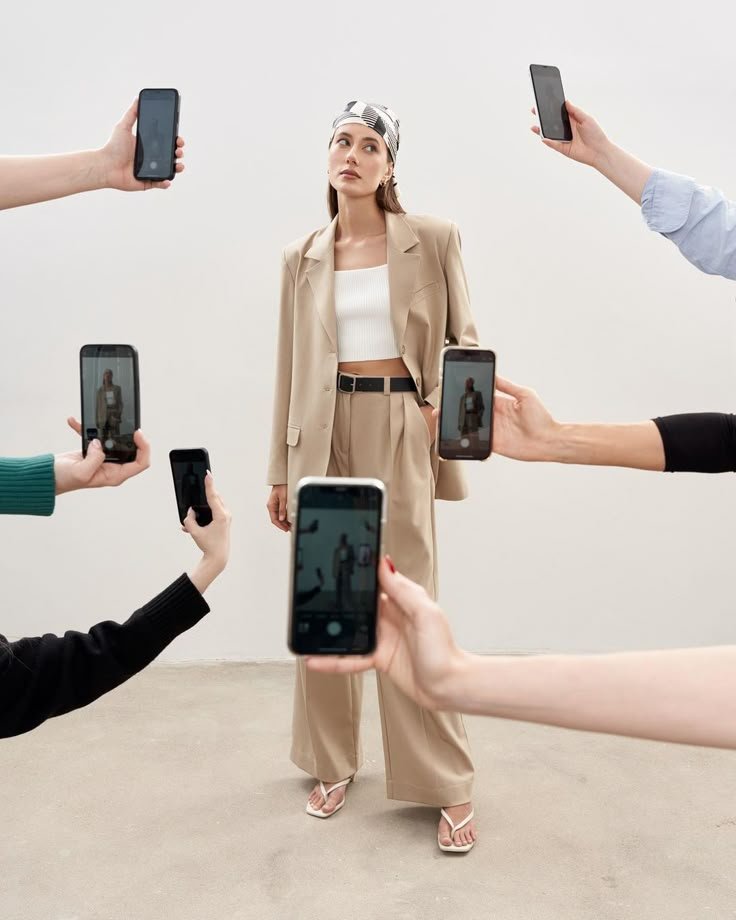 A woman confidently posing while several people capture her with their phones — a powerful visual of how personal branding in 2025 is about owning your identity, showing up authentically, and building a digital presence that speaks before you do.