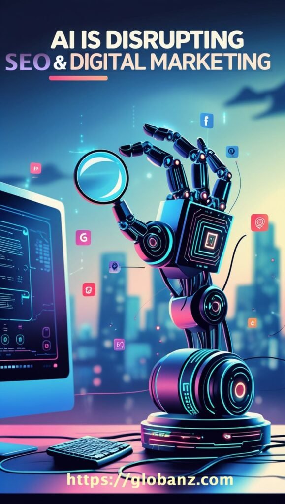 Futuristic robotic hand analyzing data on a computer screen, representing how AI tools for marketing decisions are transforming SEO and digital marketing strategies in 2025.