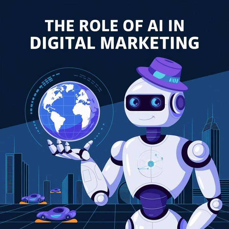Illustration of a friendly robot holding a digital globe, symbolizing the role of AI tools for marketing decisions and how artificial intelligence supports digital marketing strategies in 2025.