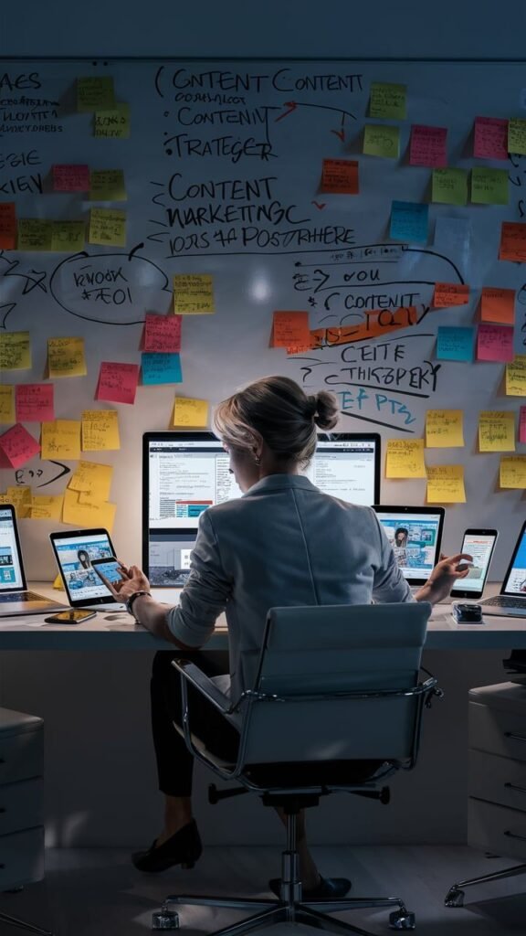 A digital marketer working on multiple screens with content strategy notes and social media plans on a whiteboard — showcasing how to make your brand stand out on social media.